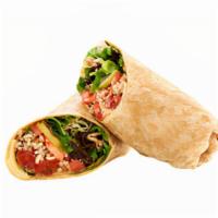 Avocado Grain Veggie Wrap · Ancient grain and kale blend topped with roasted peppers, caramelized onions, avocado, Swiss...