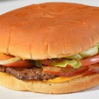 Bacon Cheese Burger · American cheese, mustard, lettuce, tomatoes, onion, and pickles.