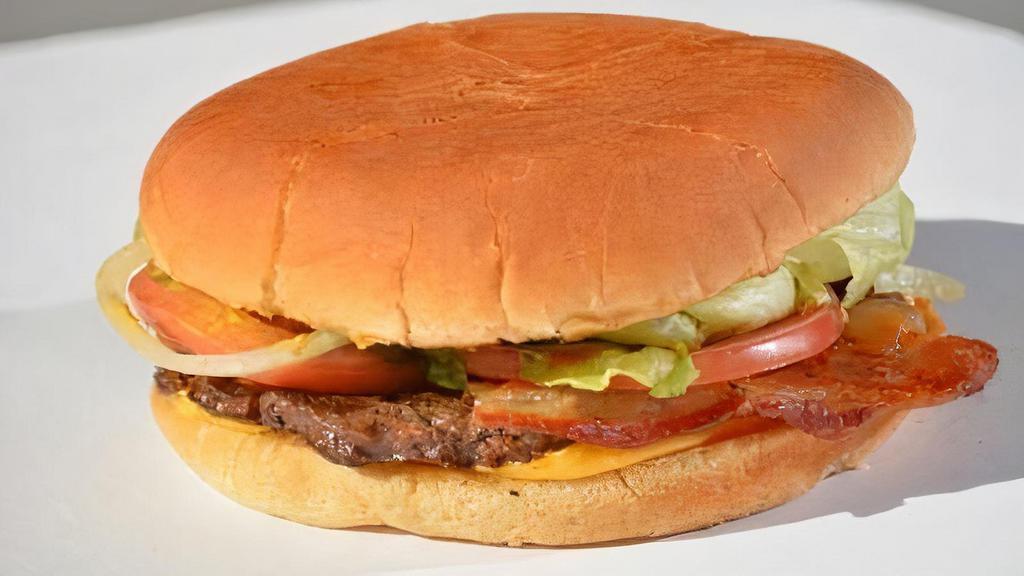 Bacon Cheese Burger · American cheese, mustard, lettuce, tomatoes, onion, and pickles.