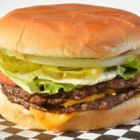 Double Double Burger · American cheese, mustard, lettuce, tomatoes, onion, and pickles.