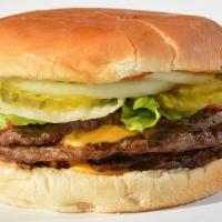 Triple Burger · American cheese, mustard, lettuce, tomatoes, onion, and pickles.