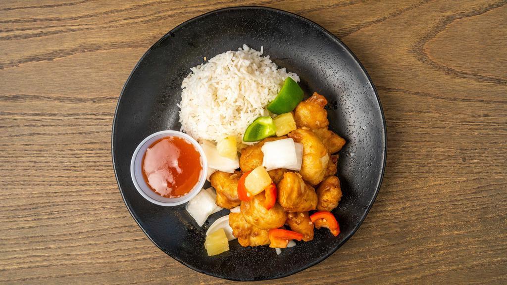 Sweet & Sour · This specialty plate is made with bell peppers, carrots, onions, pineapples, and wok inn's sweet and sour sauce. Choose from either chicken, pork, shrimp or tofu. Served with steamed white or whole grain rice and soup.