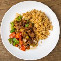 Pepper Steak · This specialty plate is made with bell peppers, onions, mushrooms, black bean sauce, and dar...