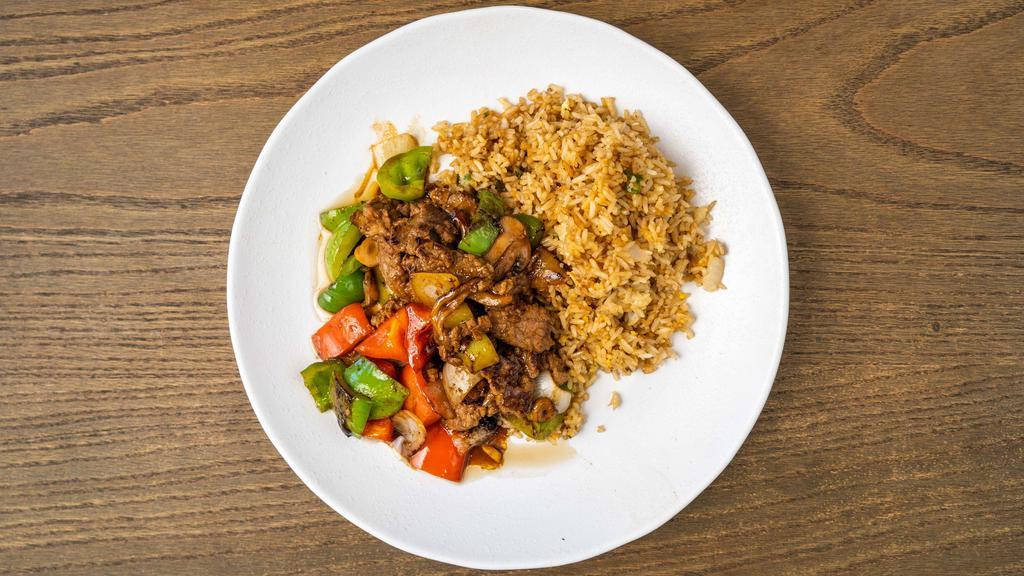 Pepper Steak · This specialty plate is made with bell peppers, onions, mushrooms, black bean sauce, and dark soy. Choose from either beef, chicken, or tofu. Served with steamed white or whole grain rice and soup.
