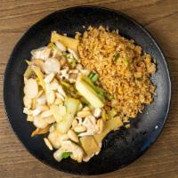 Almond Chicken · This specialty plate is made with bok choy, bamboo shoot, water chestnuts, celery, snow peas...