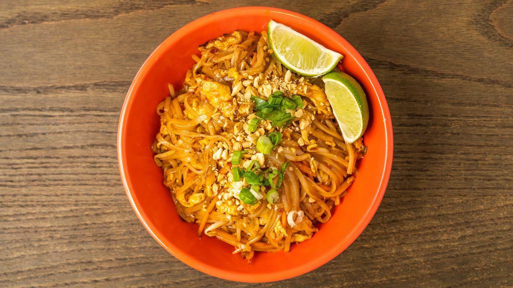 Pad Thai · Made with your choice of meat, bean sprouts, egg, onions, carrots, crushed peanuts, rice noodled, cilantro, and lime. Choose from chicken, beef, and shrimp. Combination includes: chicken, beef, and shrimp.