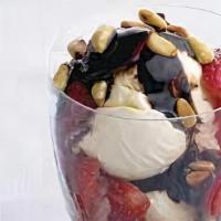 Ice Cream Parfait · Vanilla bean ice cream layered with homemade chocolate sauce, strawberry or mango puree.