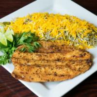 Idaho Rainbow Trout With Mix Rice · Marinated Idaho Rainbow trout, your choice of pan fried or grilled served with basmati saffr...