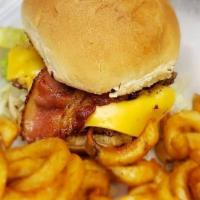 1/2 Lb. Bacon Cheeseburger · Loaded W/bacon, American Cheese, Mayo, Lettuce, Tomatoes, Onions & Pickles.