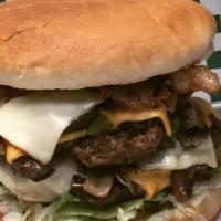 1 Lb. The Double Mega Burger · Sautéed Onions, Mushrooms, Jalapeños, Bell Peppers, American and Swiss Cheese, Mayo, Ketchup...