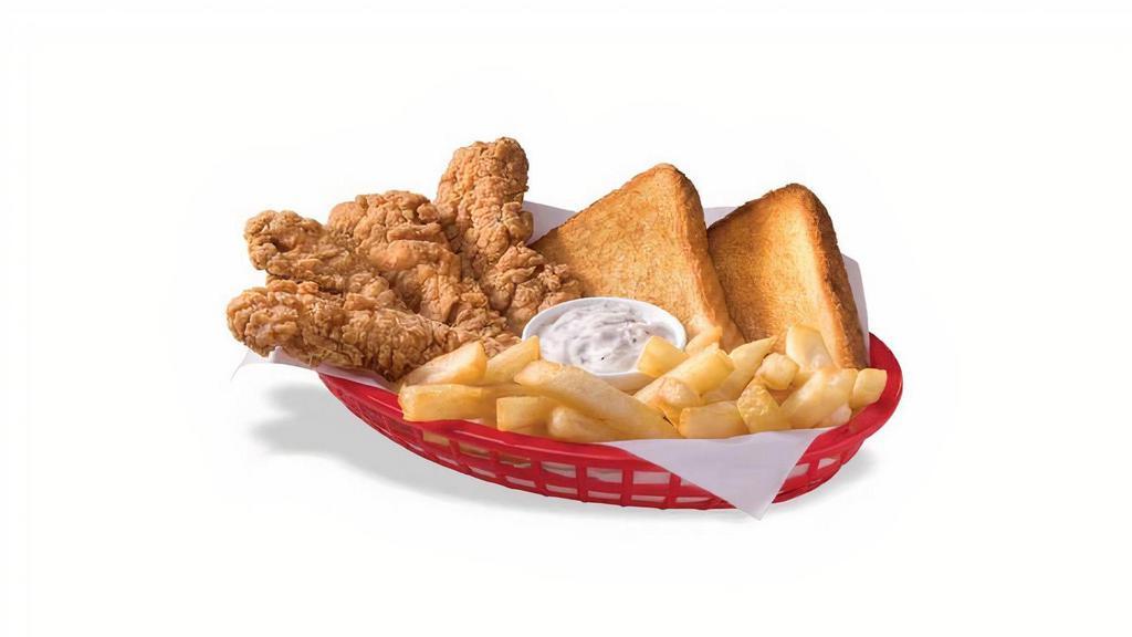 Chicken Strip Basket · DQ's crunchy, golden chicken strip country basket is served with crispy fries, Texas toast, and the best cream gravy anywhere.