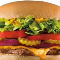 Hungr-Buster® With Cheese · 1/4 lb grilled beef patty topped with crisp lettuce, ripe tomatoes, onions, tango pickles, a...