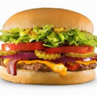 Bacon Cheese Hungr-Buster® · Topped with melted cheese, fresh applewood bacon, mustard, lettuce, tomatoes, pickles, and o...