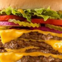 Quad-Buster® W/Cheese · Four 1/4 lb patties with four slices of American cheese, mustard, lettuce, tomatoes, pickles...