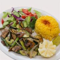 Grilled Veggies Plate · Grilled mixed of mushroom, zucchini, onion, tomato, corn, and asparagus and two sides.
