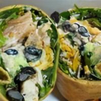 Southwest Wrap · Field Greens, Grilled Chicken, Avocado, Black Bean & Corn Salsa, Pico, Blended Cheese, With ...