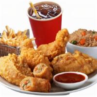 #3) 4 Wing Meal · 4 piece Chicken Wings (bone-in), Rice or Fries, Eggroll, Large fountain drink & 1 dipping sa...