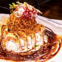 Carrot Top Roll · Shrimp tempura, crab meat, cream cheese with spicy tuna, avocado, fried carrot, wasabi mayon...