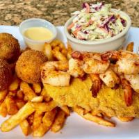Seafood Platter · (fried or grilled) fresh gulf redfish, 6 shrimp & crab cake with coleslaw & fries or mixed v...