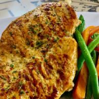 Marinated Grilled Chicken · chicken breast with white wine lemon- butter sauce, served with mixed veggies & garlic mashe...