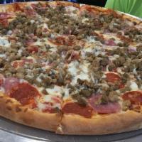 Meat Lovers Pizza · Pepperoni, Canadian bacon, sausage, and hamburger.
