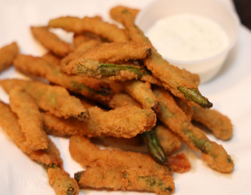 Spicy Green Beans · Green beans tossed in a spicy beer batter & served with a side of ranch dressing.