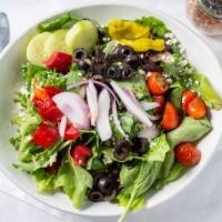 Greek Salad · Romaine with mixed greens, cucumbers, grape tomatoes, red onions, black olives, red bell pep...