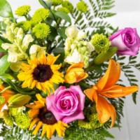 2022 Best Day Bouquet · Bright bold colors, featuring sunflowers, 
roses, orange lily, purple fillers, and green pom...
