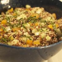 Quinoa Salad · Red and white quinoa, dry apricot, cucumber, basil and house balsamic dressing