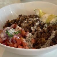 Vegan Burrito Bowl * · Gluten free. Ground beefless, rice, beans, pico de gallo, black beans, avocado, ranch dressi...
