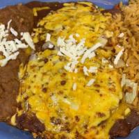 Cheese Enchiladas (3) · Topped with chile con carne and grated cheese.
