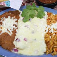 Enchiladas De Pollo · Two ranchero chicken enchiladas topped with your choice of sour cream sauce verde sauce or c...