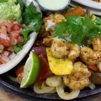 Shrimp Fajitas (12Pc) · 12 jumbo grilled shrimp, onions, bell peppers, zucchini and squash.