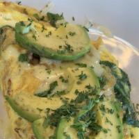 Bacado Omelet · Bacon, tomato, spinach, baby Swiss cheese, and topped with avocado. Choice of grits and toas...