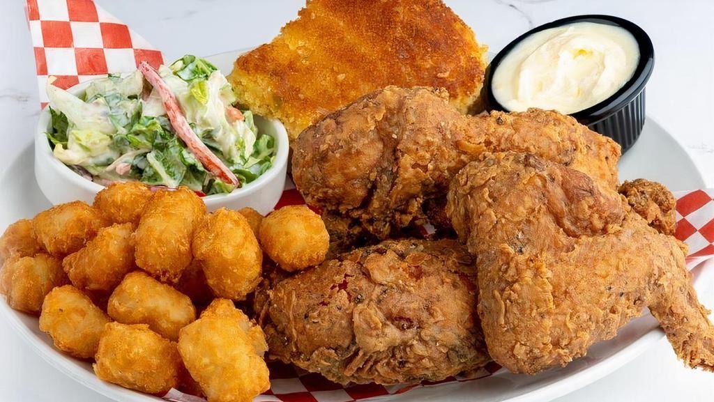 Southern Fried Chicken (4 Piece) · Buttermilk battered chicken, coated with seasoned flour. Served with jalapeno cornbread and choice of 2 sides.