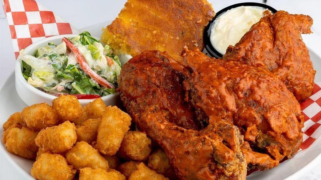 Nashville Hot Chicken (4 Piece) · Jalapeño buttermilk marinated chicken, double coated with spicy seasoned flour. Generously brushed with our spicy Nashville HOT sauce. Served with jalapeno cornbread and choice of 2 sides.