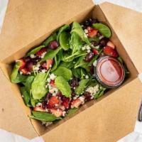 Strawberry Spinach Salad · Gluten free. Vegetarian. Organic baby spinach, strawberries, red grapes, dried cranberries, ...
