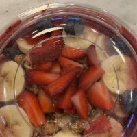 Acai Bowl · Base: Acai juice, strawberry, blueberry
Toppings: Granola, banana, strawberry, blueberry