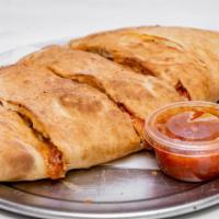 Supreme Calzone · Calzone with beef pepperoni, beef sausage, peppers, olives, onions, melted mozzarella, and a...