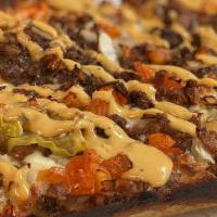 4 Cylinder - Rudkin'S Bacon Cheeseburger Pizza · Detroit style dough, a brick and cheddar cheese blend, onions, tomatoes and pickles. baked a...