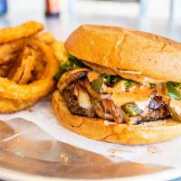 El Diablo · Pepper jack cheese, lettuce, tomato, onion, grilled jalapenos, grilled onions, sriracha sauc...