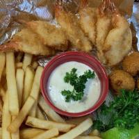 6 Jumbo Shrimps Platter Only · 6 Jumbo Shrimp, Choice of Rice or Fries, 3 Hushpuppies, 1 Sauce