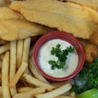 2 Fish Platter Combo · 2 Fish, Choice of Rice or Fries, 3 Hushpuppies, 1 Sauce, Drink
