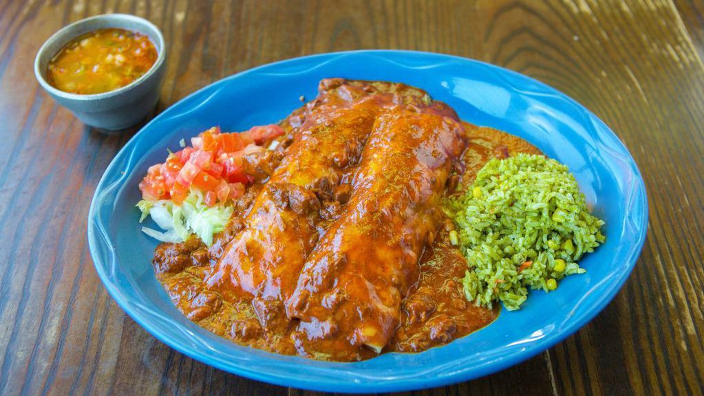 Traditional Ground Beef Enchiladas · Ground Beef Enchiladas (Served with Rice and Beans)