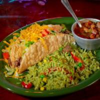 2 Crispy Tacos · With Lettuce, Tomato, and Cheese (Served with Rice and Beans)