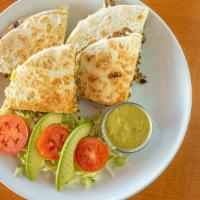 Quesadilla Harina · Flower Tortilla filled with cheese and your chose of meat served with a salad
