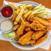 Alitas / Wings · Six Chicken wings. Served with french fries , carrots and celery.