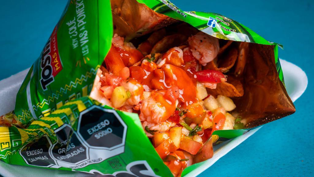 Tostiviche (Tostitos With Ceviche) · Our Tostiviche is Tostitos with Shrimp Ceviche. The Shrimp Ceviche is the same Ceviche from our sister company Mariscos Culiacan.
