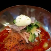Vegetarian Spicy Cold Noodles · Spicy cold buckwheat noodles with boiled egg and cucumber