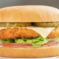 Crispy Chicken Burger With Cheese · 100% All-Natural Ground Chicken Breast,. Swiss Cheese, Lettuce, Tomato, Mayo, Pickles